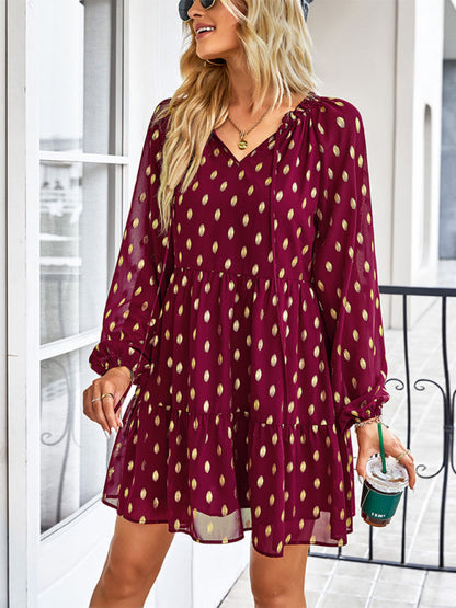 Tiered Dresses- Golden Dots Print Tiered Long Sleeve Dress- - IndioGear Fashion and Gear