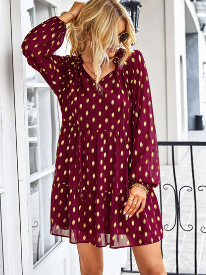 Tiered Dresses- Golden Dots Print Tiered Long Sleeve Dress- - IndioGear Fashion and Gear