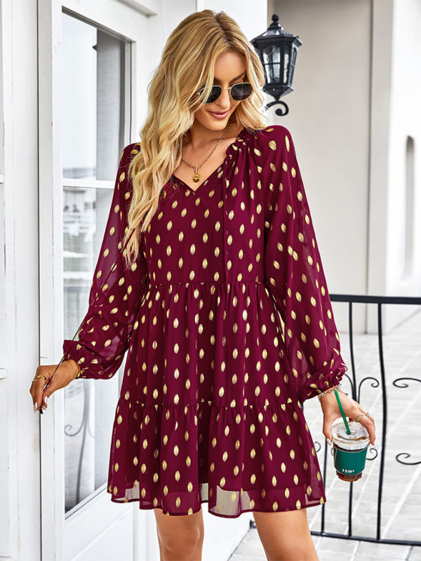 Tiered Dresses- Golden Dots Print Tiered Long Sleeve Dress- - IndioGear Fashion and Gear