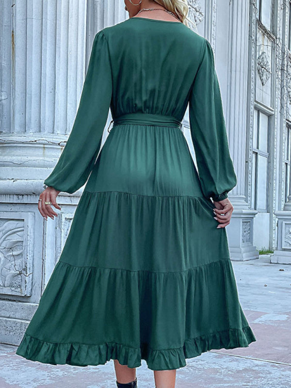 Tiered Dresses- Solid Tiered Ruffle Button Long Sleeve Dress- - IndioGear Fashion and Gear