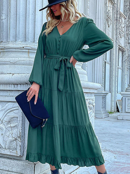 Tiered Dresses- Solid Tiered Ruffle Button Long Sleeve Dress- - IndioGear Fashion and Gear