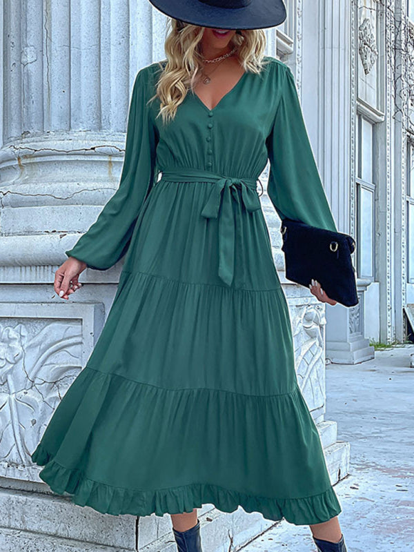 Tiered Dresses- Solid Tiered Ruffle Button Long Sleeve Dress- - IndioGear Fashion and Gear