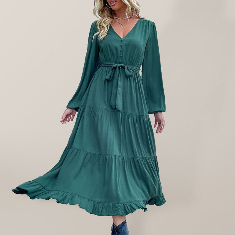 Tiered Dresses- Solid Tiered Ruffle Button Long Sleeve Dress- Dark green- IndioGear Fashion and Gear