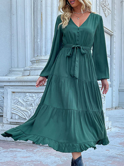 Tiered Dresses- Solid Tiered Ruffle Button Long Sleeve Dress- - IndioGear Fashion and Gear