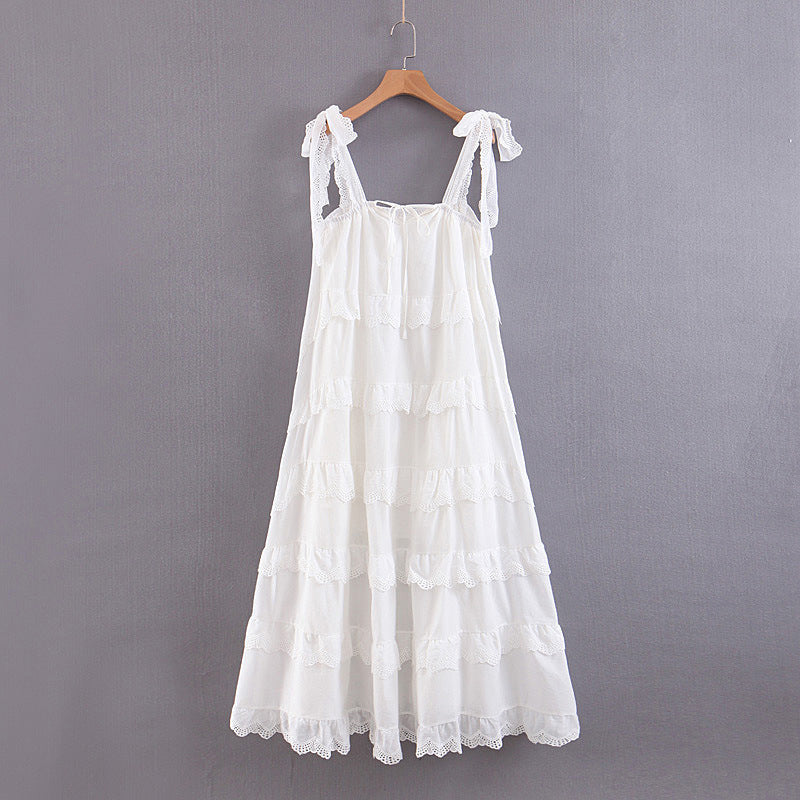 Tiered Dresses- Summer Romantic Tiered Ruffle Midi Dress with Bow Tie Shoulders- White- IndioGear Clothing and Gear