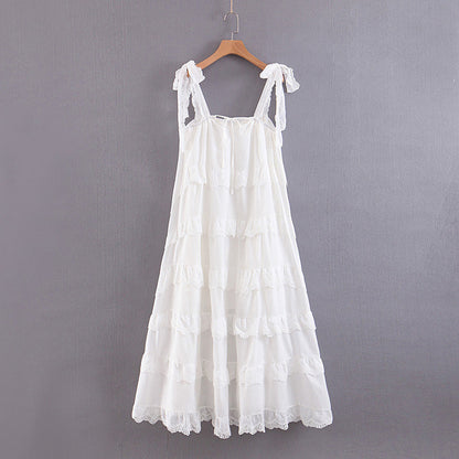 Tiered Dresses- Summer Romantic Tiered Ruffle Midi Dress with Bow Tie Shoulders- White- IndioGear Clothing and Gear