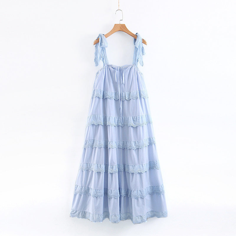 Tiered Dresses- Summer Romantic Tiered Ruffle Midi Dress with Bow Tie Shoulders- Blue- IndioGear Clothing and Gear