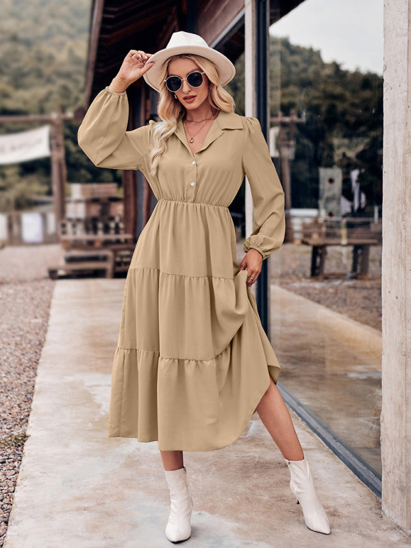 Tiered Dresses- Tiered Gathered Waist Button Long Sleeve Dress- Khaki Beige- IndioGear Fashion and Gear