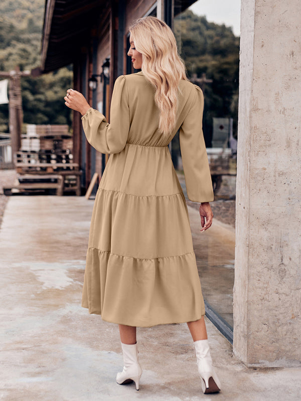 Tiered Dresses- Tiered Gathered Waist Button Long Sleeve Dress- - IndioGear Fashion and Gear