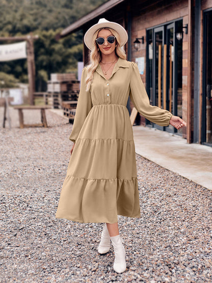 Tiered Dresses- Tiered Gathered Waist Button Long Sleeve Dress- - IndioGear Fashion and Gear