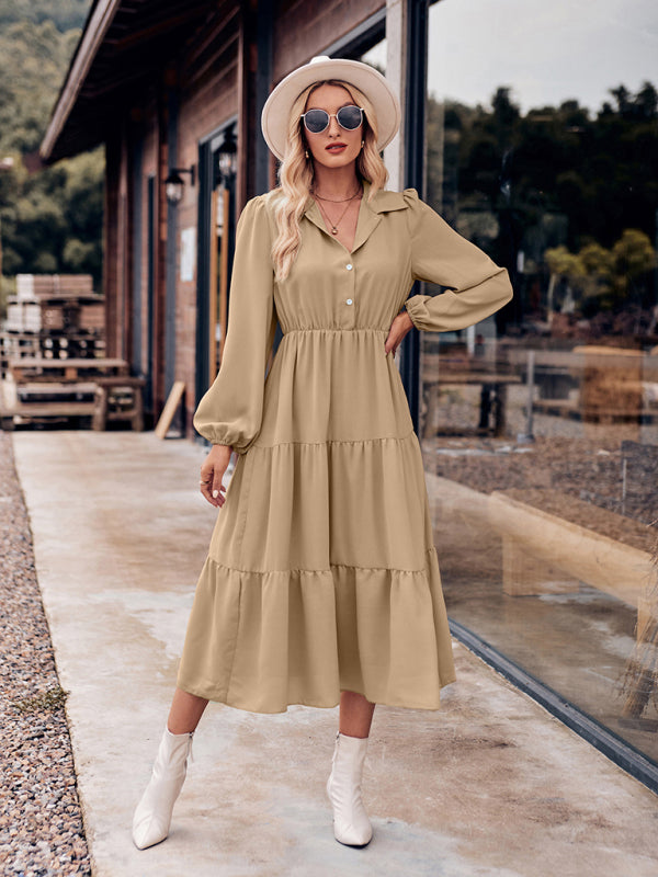 Tiered Dresses- Tiered Gathered Waist Button Long Sleeve Dress- - IndioGear Fashion and Gear