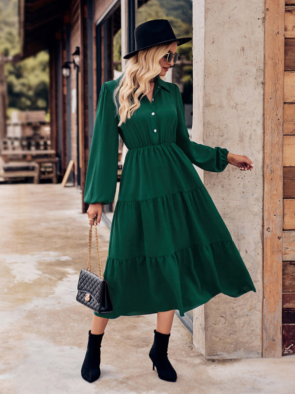 Tiered Dresses- Tiered Gathered Waist Button Long Sleeve Dress- - IndioGear Fashion and Gear