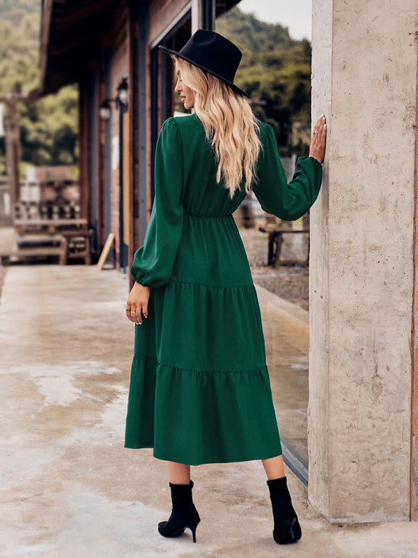 Tiered Dresses- Tiered Gathered Waist Button Long Sleeve Dress- - IndioGear Fashion and Gear