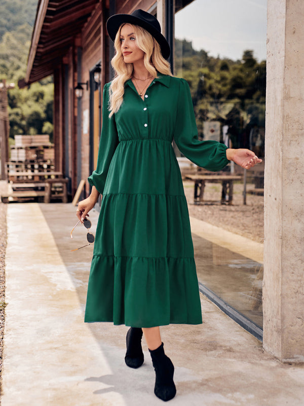 Tiered Dresses- Tiered Gathered Waist Button Long Sleeve Dress- - IndioGear Fashion and Gear