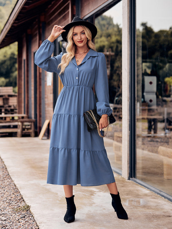 Tiered Dresses- Tiered Gathered Waist Button Long Sleeve Dress- - IndioGear Fashion and Gear