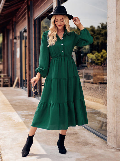 Tiered Dresses- Tiered Gathered Waist Button Long Sleeve Dress- Green- IndioGear Fashion and Gear