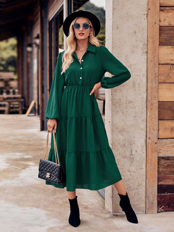 Tiered Dresses- Tiered Gathered Waist Button Long Sleeve Dress- - IndioGear Fashion and Gear