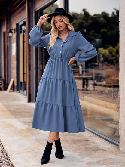 Tiered Dresses- Tiered Gathered Waist Button Long Sleeve Dress- - IndioGear Fashion and Gear