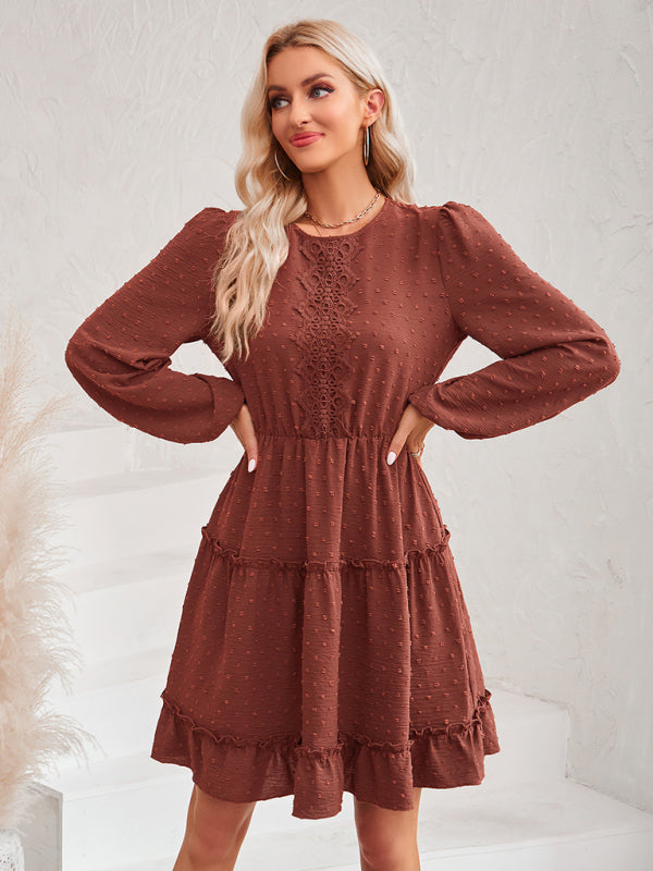 Tiered Dresses- Tiered Ruffle Swiss Dot A-Line Mini Dress with Long Sleeves- - IndioGear Fashion and Gear