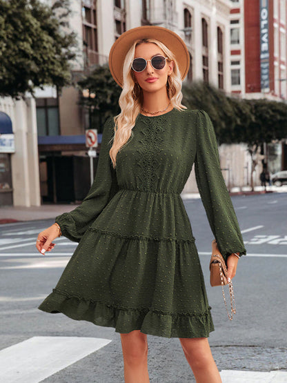 Tiered Dresses- Tiered Ruffle Swiss Dot A-Line Mini Dress with Long Sleeves- Olive green- IndioGear Fashion and Gear