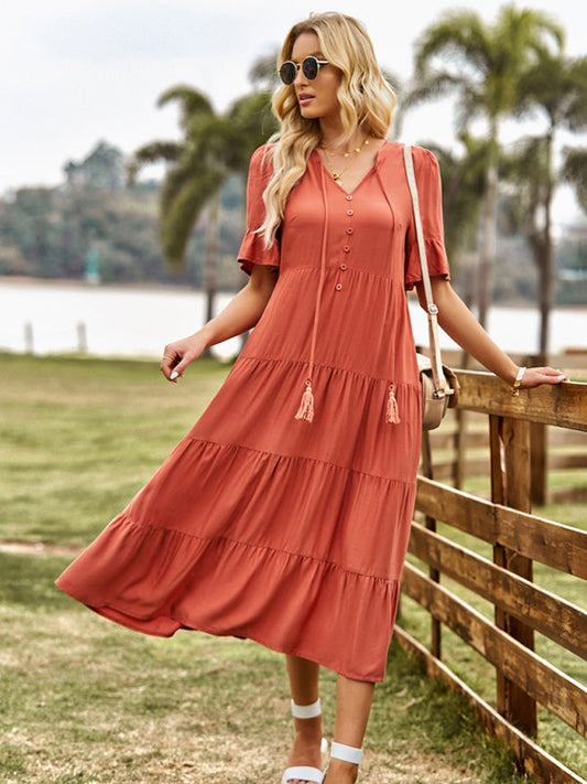 Tiered Dresses- Tiered Short Sleeves Midi Dress in Flowy A-Line Silhouette- Chuzko Women Clothing