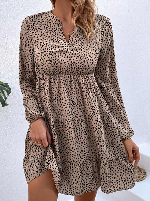 Tiered Dresses- Wild and Chic: Animal Print Mini Dress with Tiered Skirt & Long Sleeve- - Pekosa Women Clothing