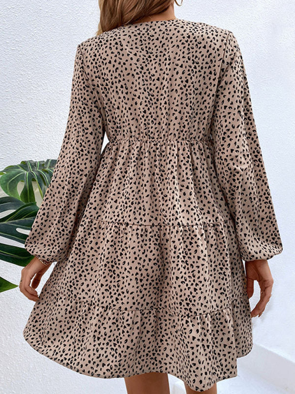 Tiered Dresses- Wild and Chic: Animal Print Mini Dress with Tiered Skirt & Long Sleeve- - Pekosa Women Clothing