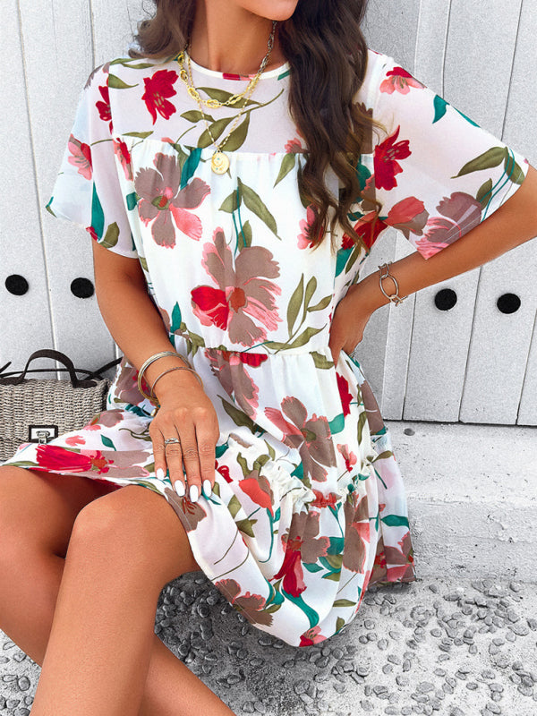 Tiered dresses- Short Sleeve Floral Tunic Mini Dress with Tiered Design & Knot Back- Chuzko Women Clothing