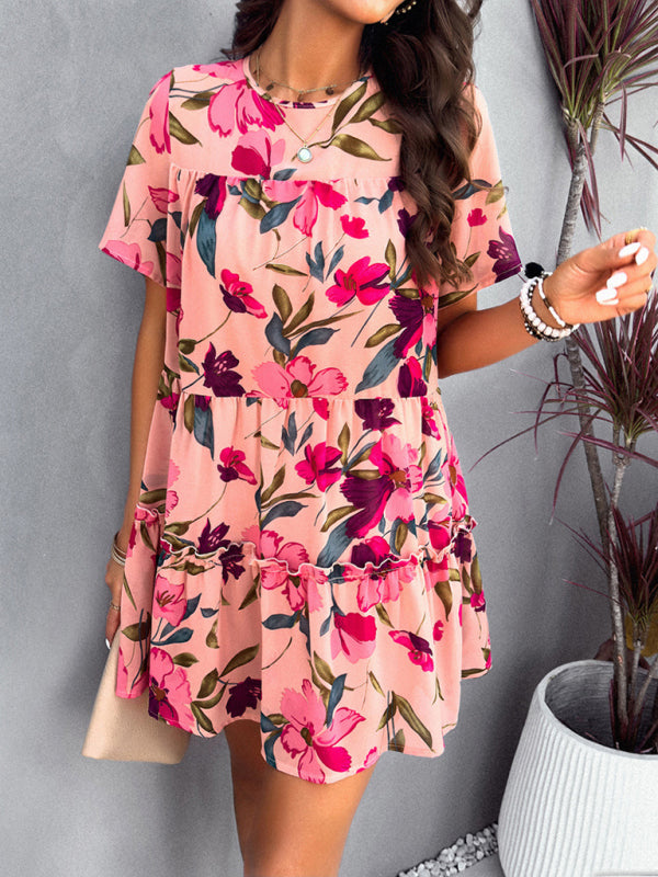 Tiered dresses- Short Sleeve Floral Tunic Mini Dress with Tiered Design & Knot Back- Chuzko Women Clothing