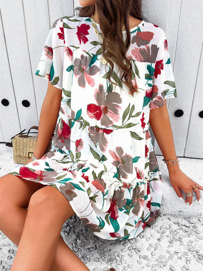 Tiered dresses- Short Sleeve Floral Tunic Mini Dress with Tiered Design & Knot Back- Chuzko Women Clothing