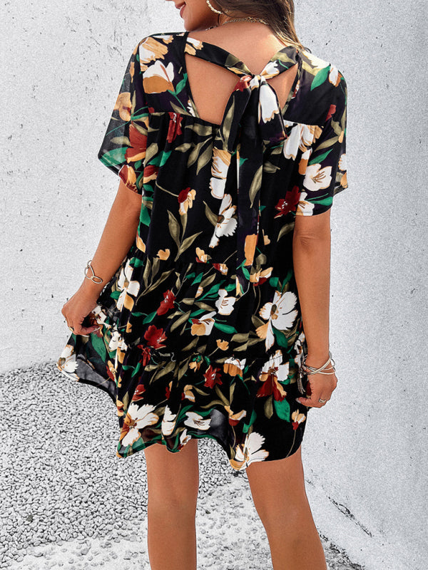 Tiered dresses- Short Sleeve Floral Tunic Mini Dress with Tiered Design & Knot Back- Chuzko Women Clothing