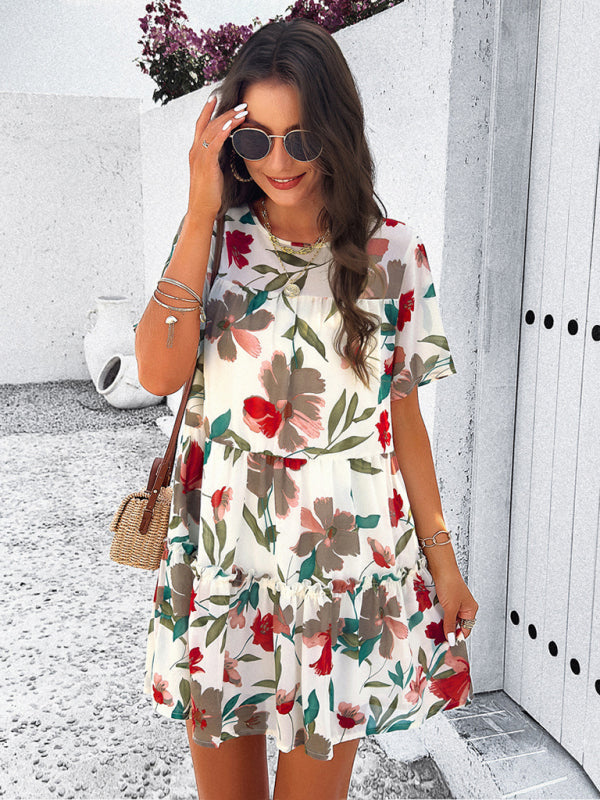 Tiered dresses- Short Sleeve Floral Tunic Mini Dress with Tiered Design & Knot Back- Chuzko Women Clothing