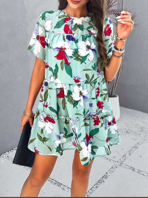 Tiered dresses- Short Sleeve Floral Tunic Mini Dress with Tiered Design & Knot Back- Chuzko Women Clothing