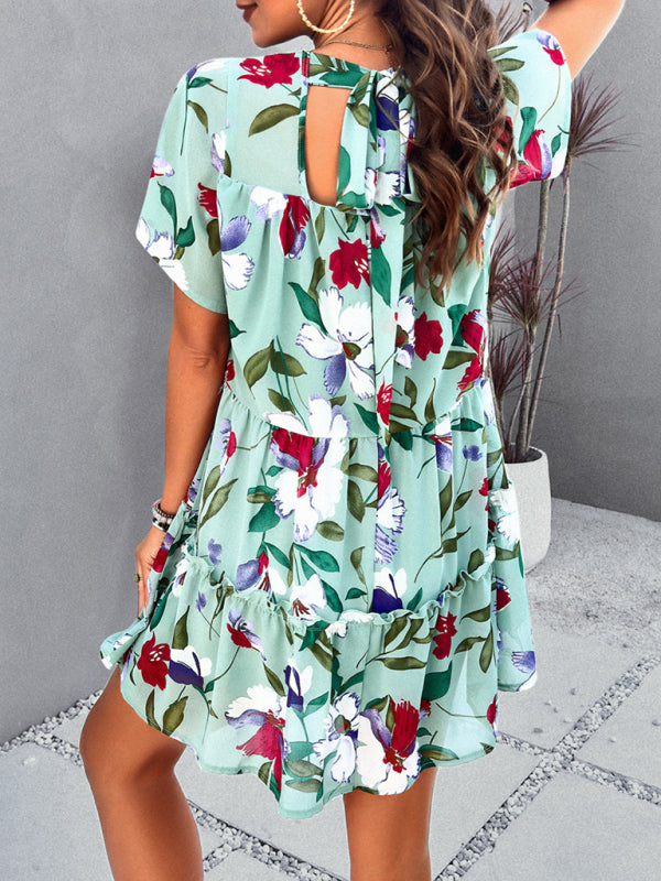 Tiered dresses- Short Sleeve Floral Tunic Mini Dress with Tiered Design & Knot Back- Chuzko Women Clothing