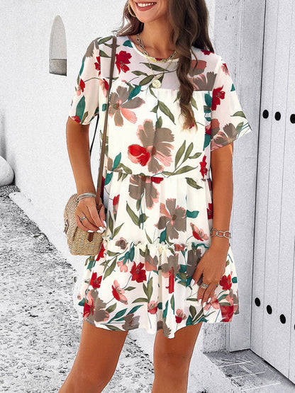 Tiered dresses- Short Sleeve Floral Tunic Mini Dress with Tiered Design & Knot Back- Chuzko Women Clothing