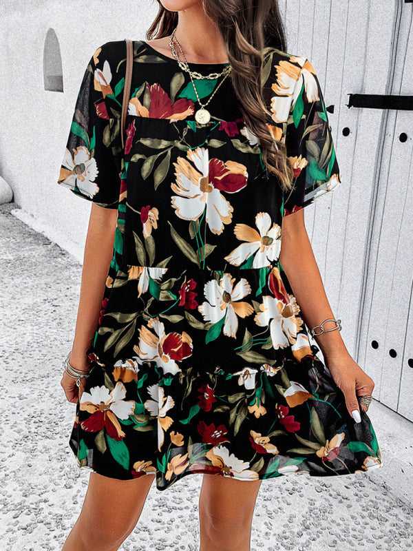 Tiered dresses- Short Sleeve Floral Tunic Mini Dress with Tiered Design & Knot Back- Chuzko Women Clothing