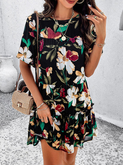 Tiered dresses- Short Sleeve Floral Tunic Mini Dress with Tiered Design & Knot Back- Chuzko Women Clothing