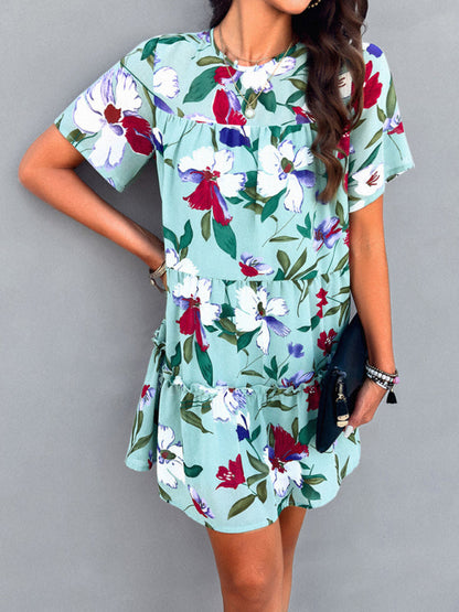 Tiered dresses- Short Sleeve Floral Tunic Mini Dress with Tiered Design & Knot Back- Chuzko Women Clothing