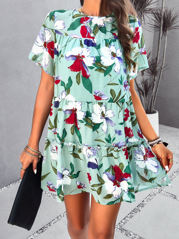 Tiered dresses- Short Sleeve Floral Tunic Mini Dress with Tiered Design & Knot Back- Chuzko Women Clothing