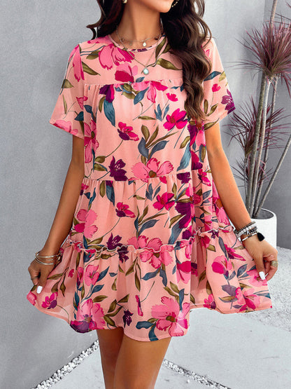 Tiered dresses- Short Sleeve Floral Tunic Mini Dress with Tiered Design & Knot Back- Chuzko Women Clothing