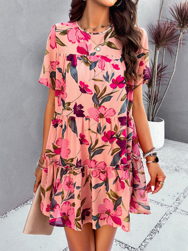 Tiered dresses- Short Sleeve Floral Tunic Mini Dress with Tiered Design & Knot Back- Chuzko Women Clothing