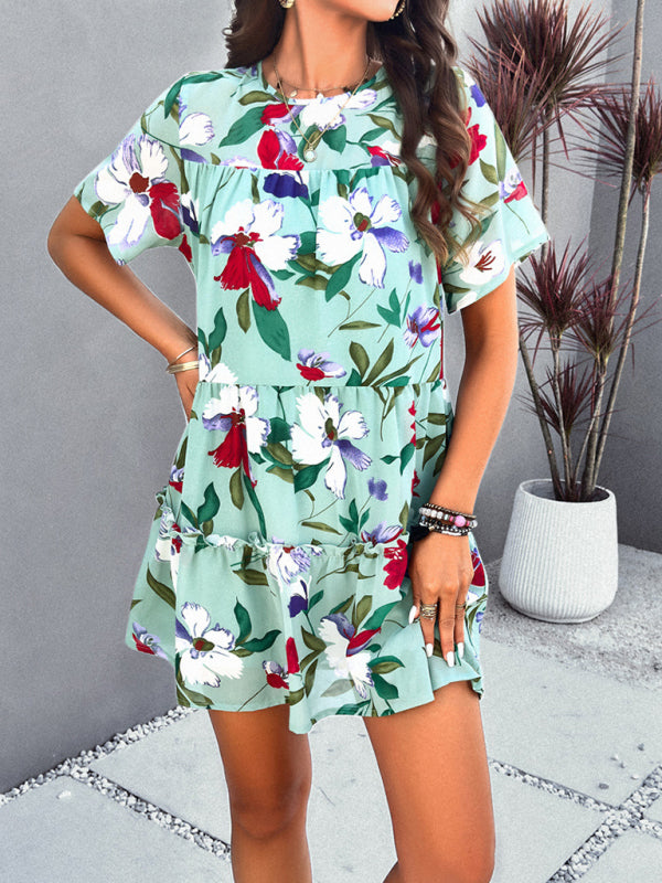 Tiered dresses- Short Sleeve Floral Tunic Mini Dress with Tiered Design & Knot Back- Chuzko Women Clothing