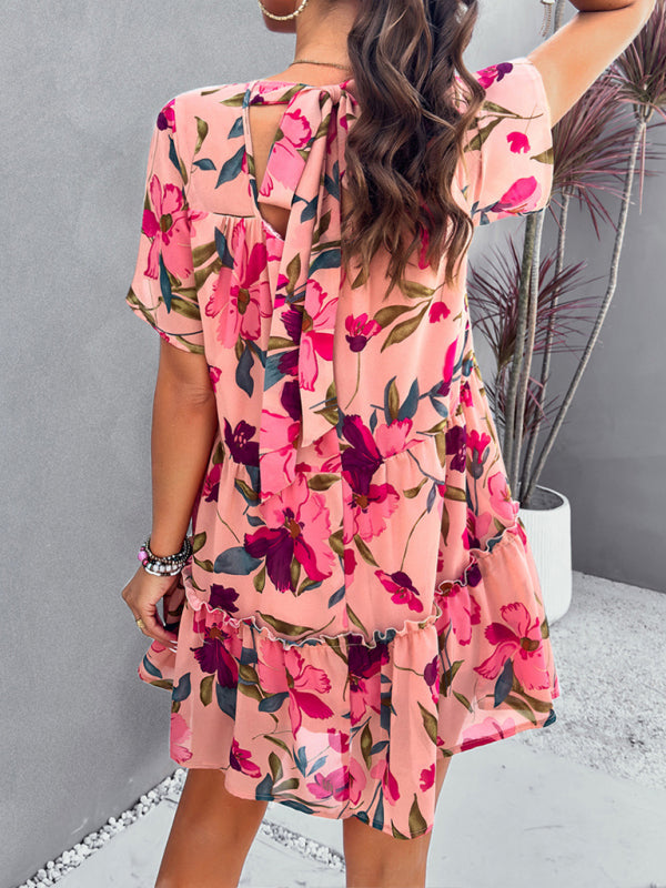 Tiered dresses- Short Sleeve Floral Tunic Mini Dress with Tiered Design & Knot Back- Chuzko Women Clothing