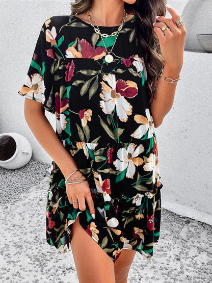 Tiered dresses- Short Sleeve Floral Tunic Mini Dress with Tiered Design & Knot Back- Chuzko Women Clothing