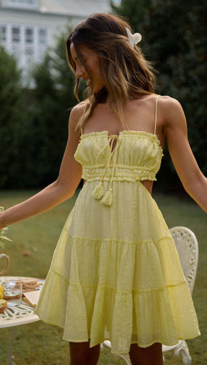 Tiered dresses- Textured Tiered Dress: Cutout Waist, Backless- Yellow- IndioGear Fashion and Gear