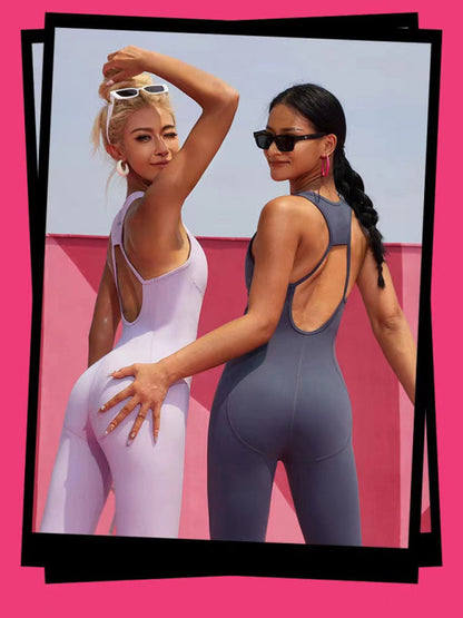 Tight Jumpsuits- Solid Backless Racerback Jumpsuit Butt Lifting Unitard- - IndioGear Fashion and Gear