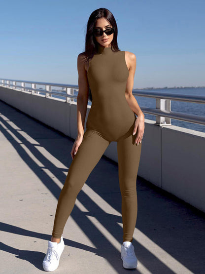 Tight Playsuits- Full-Length High Neck Playsuit - Sport Solid Ribbed Jumpsuit- - IndioGear Fashion and Gear