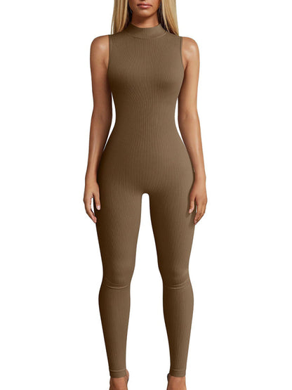 Tight Playsuits- Full-Length High Neck Playsuit - Sport Solid Ribbed Jumpsuit- - IndioGear Fashion and Gear