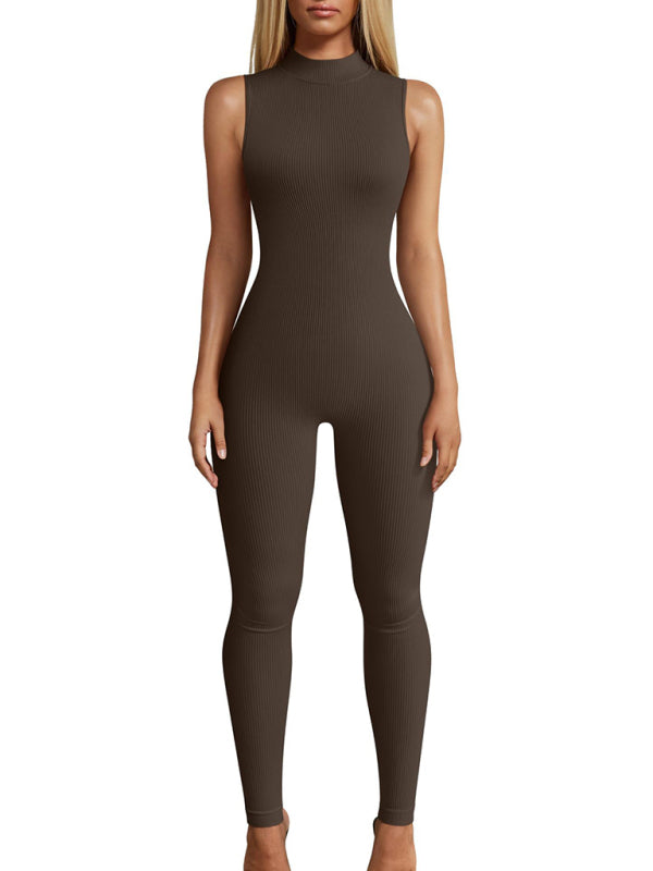 Tight Playsuits- Full-Length High Neck Playsuit - Sport Solid Ribbed Jumpsuit- - IndioGear Fashion and Gear