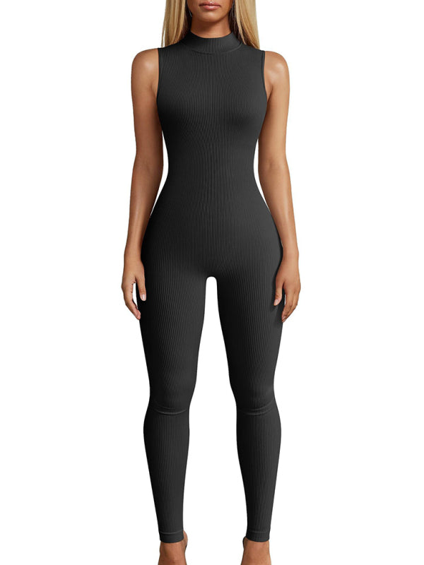 Tight Playsuits- Full-Length High Neck Playsuit - Sport Solid Ribbed Jumpsuit- - IndioGear Fashion and Gear